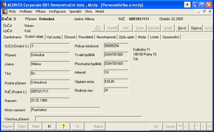 Osobní údaje zaměstnance