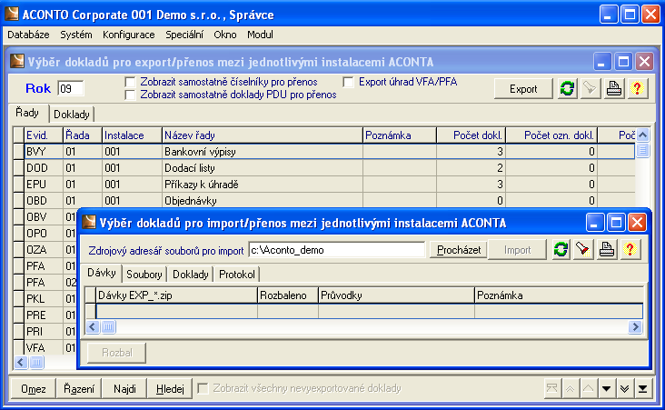 Export/Import mezi instalacemi systému ACONTO